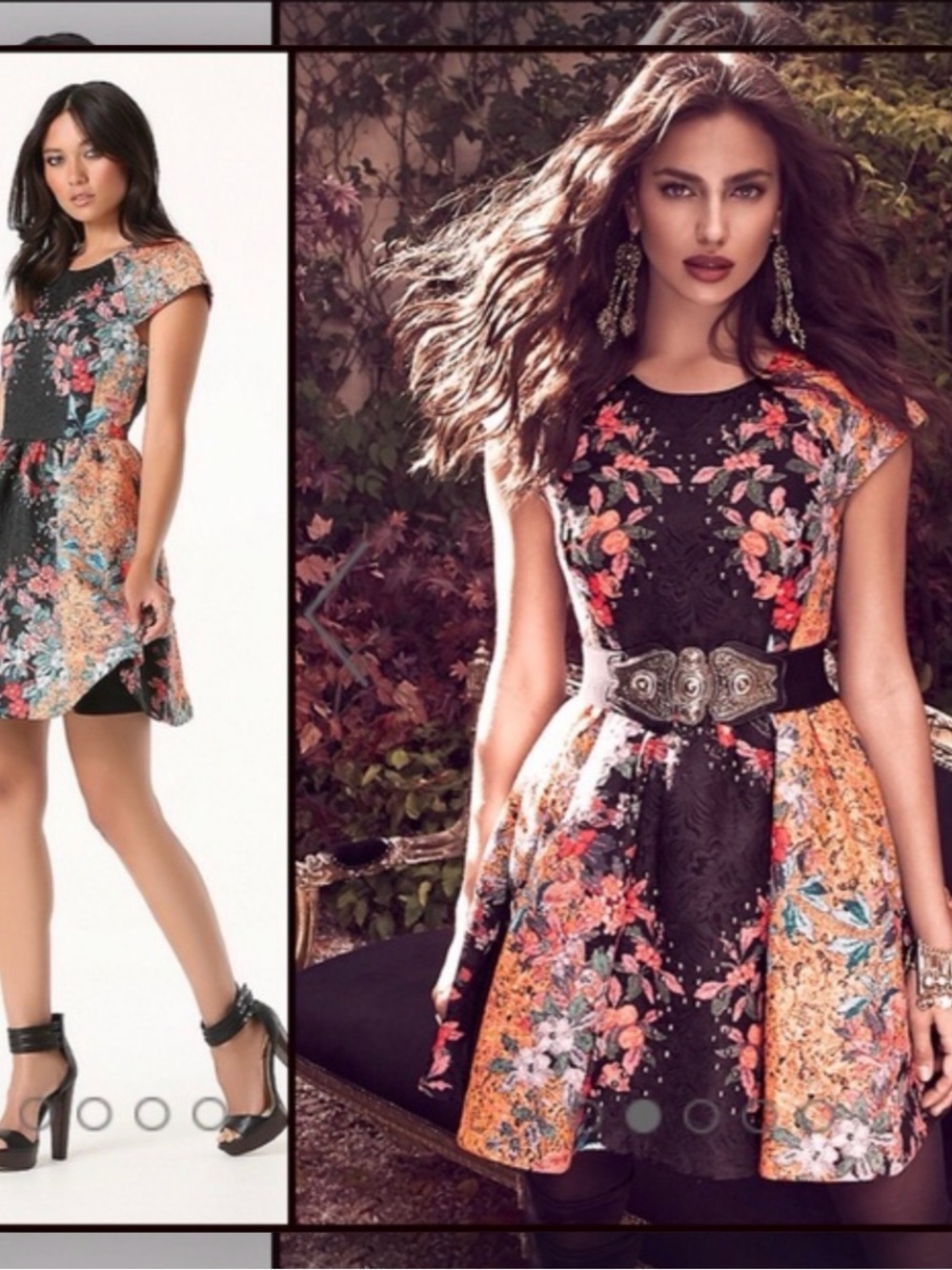 bebe Black Floral Fit & Flare Mini Dress with Coral and Peach Blooms